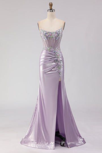 Sparkly Light Purple Mermaid Floral Long Corset Prom Dress with Beading
