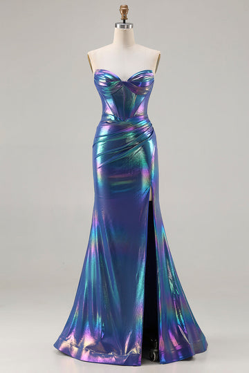 Sparkly Navy Mermaid Sweetheart Long Corset Prom Dress with Slit