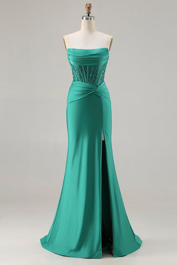 Sparkly Dark Green Mermaid Strapless Long Corset Prom Dress with Beading