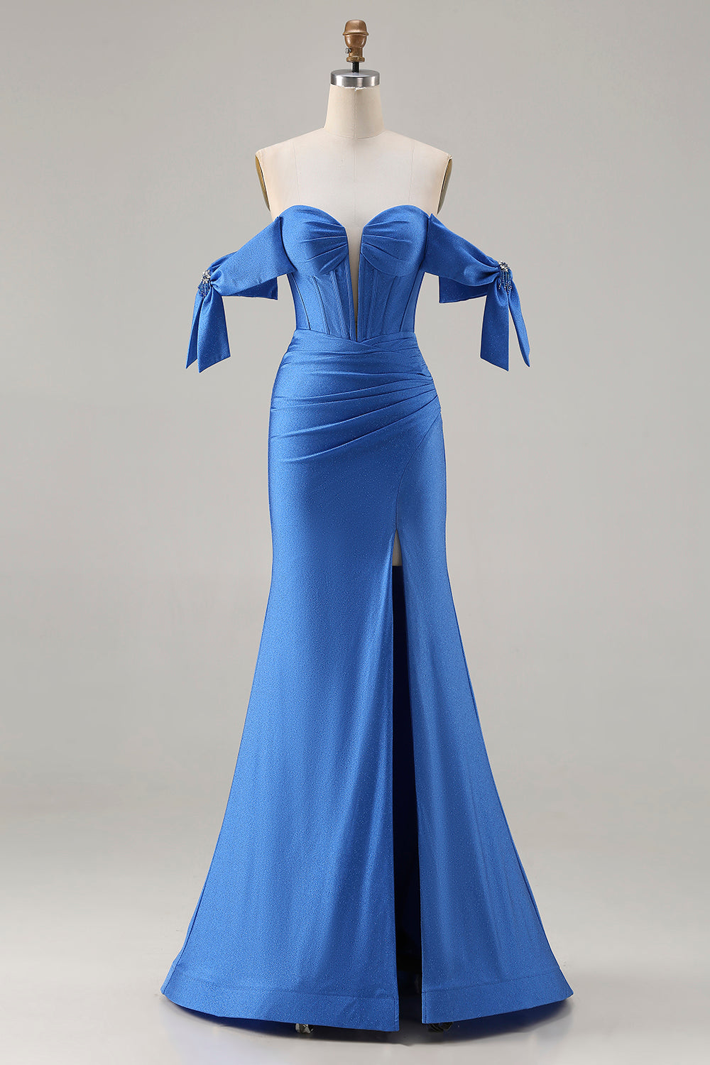 Sparkly Royal Blue Beaded Mermaid Long Corset Prom Dress with Slit