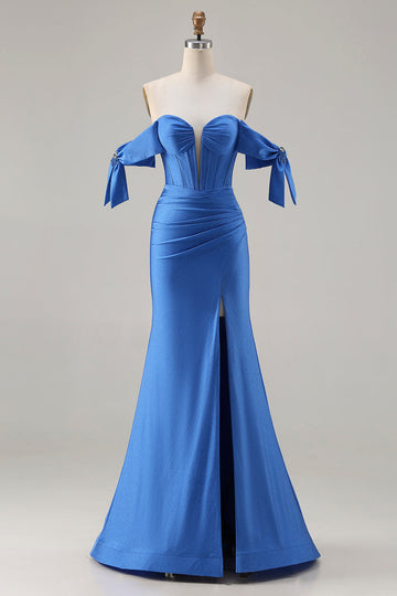 Sparkly Royal Blue Beaded Mermaid Long Corset Prom Dress with Slit