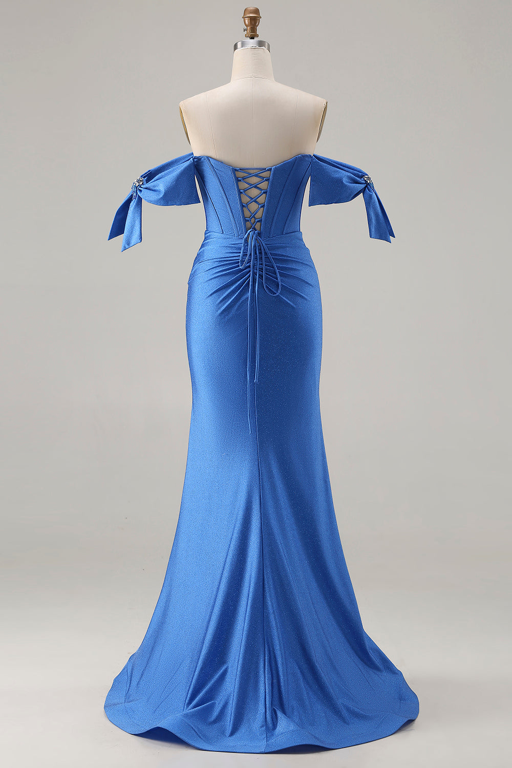 Sparkly Royal Blue Beaded Mermaid Long Corset Prom Dress with Slit