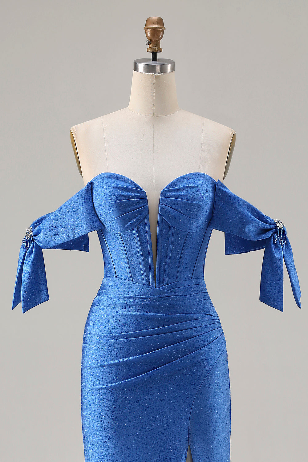Sparkly Royal Blue Beaded Mermaid Long Corset Prom Dress with Slit