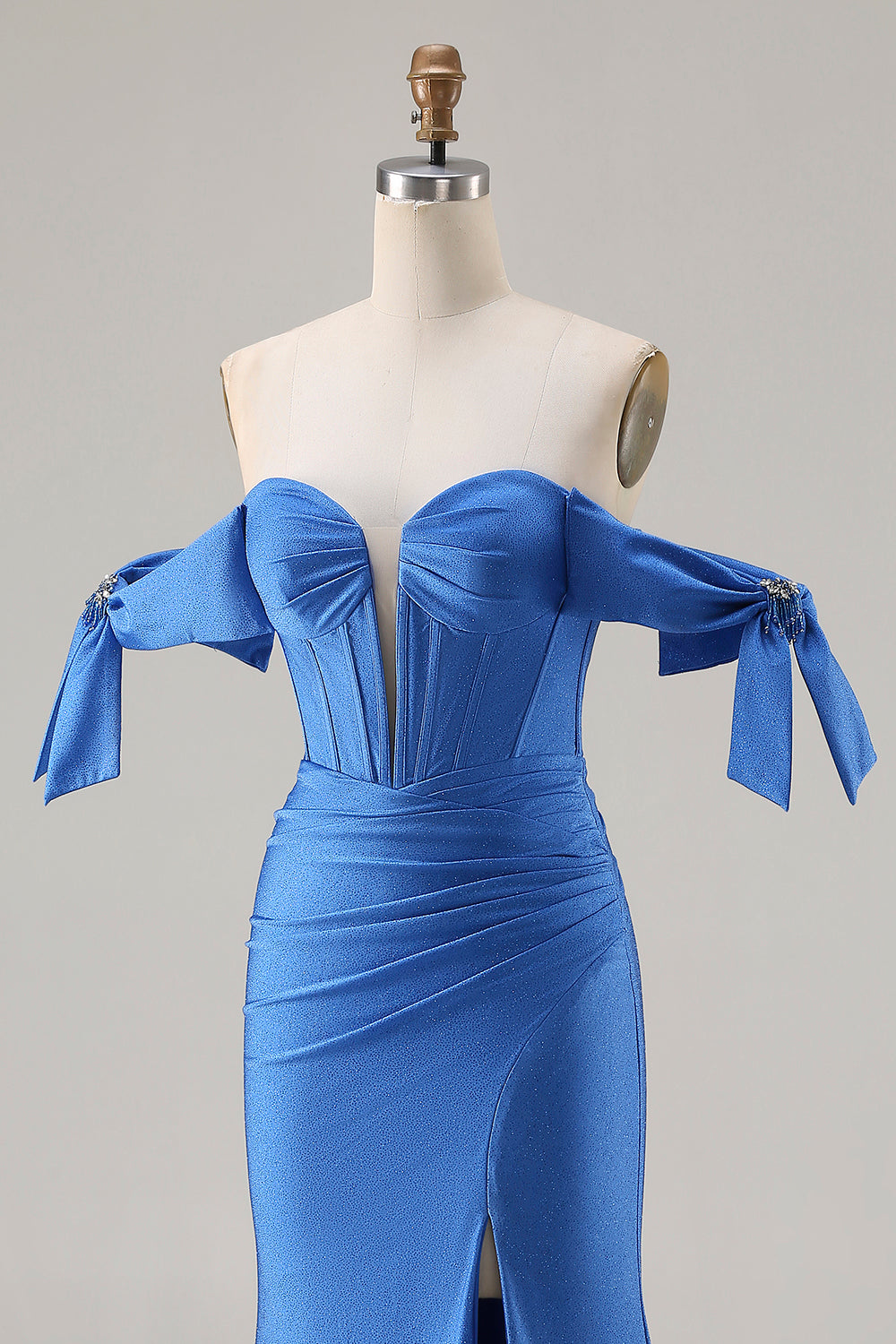 Sparkly Royal Blue Beaded Mermaid Long Corset Prom Dress with Slit