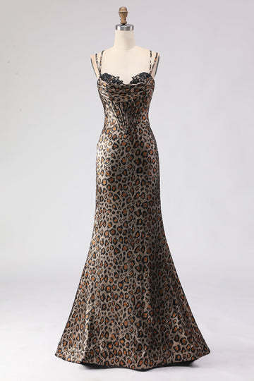 Sparkly Khaki Leopard Print Mermaid Long Corset Prom Dress with Beading