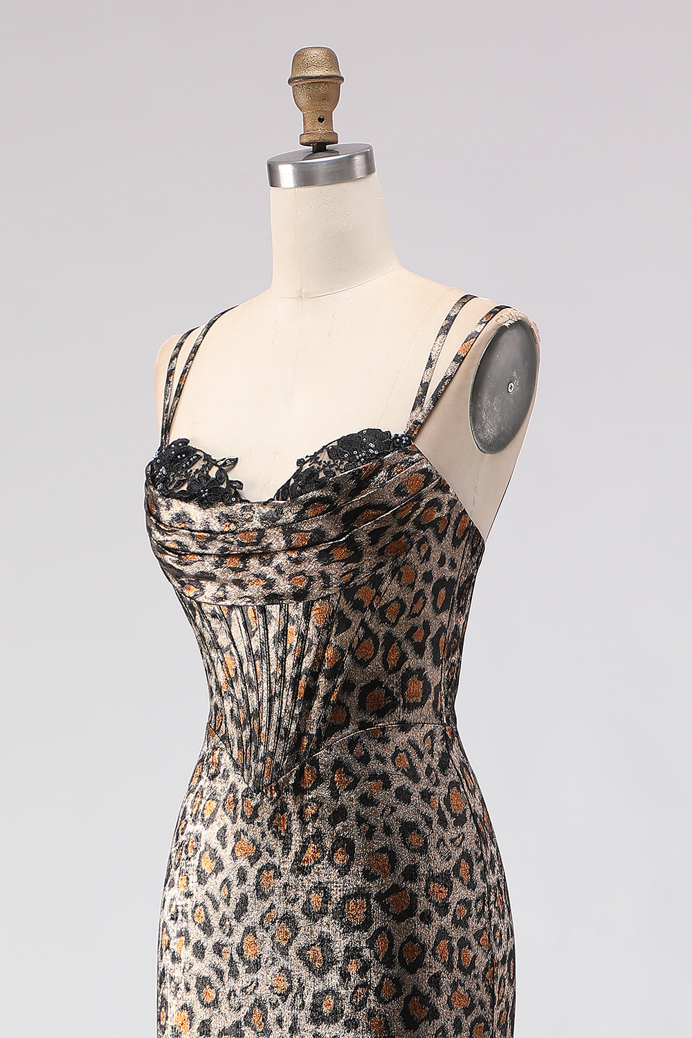 Sparkly Khaki Leopard Print Mermaid Long Corset Prom Dress with Beading