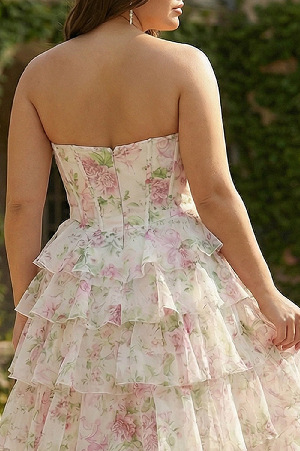 Plus Size Light Pink Floral Sweetheart Ruffled Long Corset Prom Dress with Slit