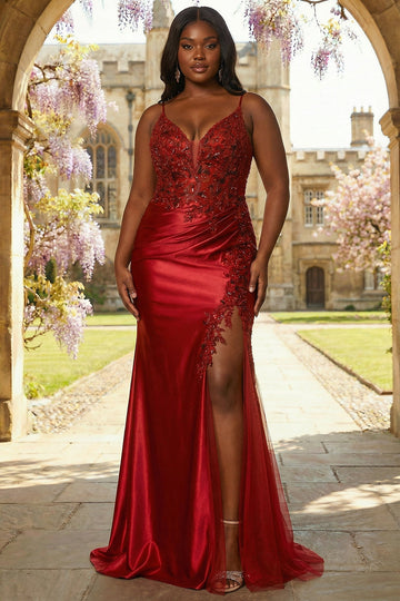 Sparkly Burgundy Floral Mermaid Plus Size Spaghetti Straps Long Prom Dress with Slit