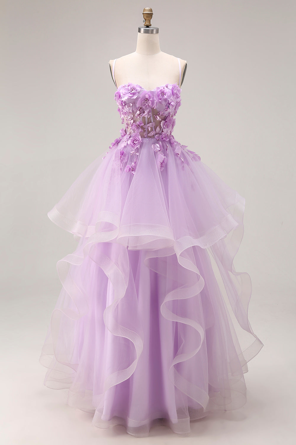 Lilac Tulle Spaghetti Straps Ruffled Long Corset Prom Dress with 3D Flowers