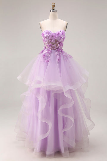 Lilac Tulle Spaghetti Straps Ruffled Long Corset Prom Dress with 3D Flowers