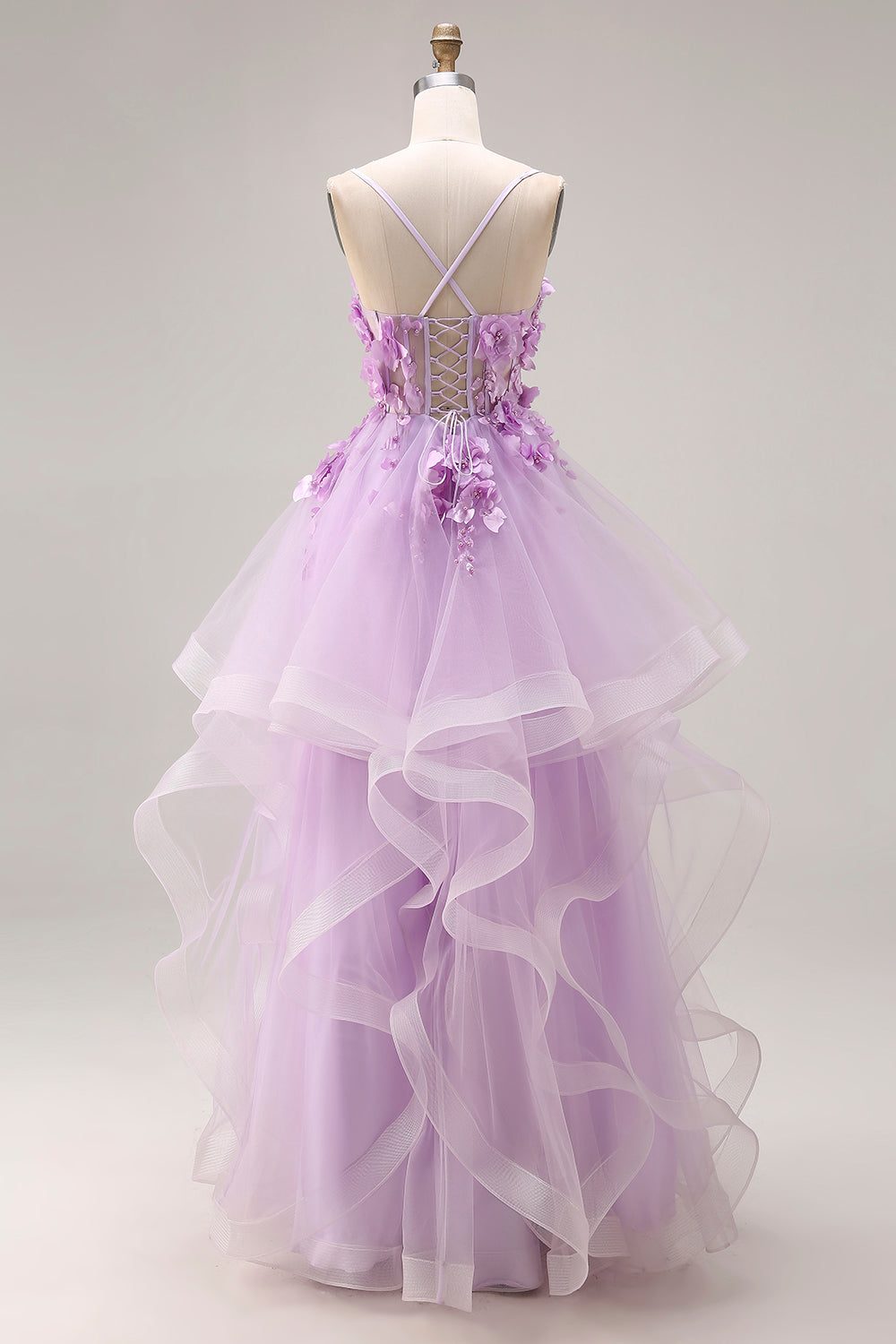 Lilac Tulle Spaghetti Straps Ruffled Long Corset Prom Dress with 3D Flowers