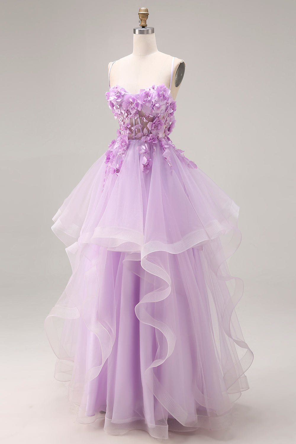 Lilac Tulle Spaghetti Straps Ruffled Long Corset Prom Dress with 3D Flowers