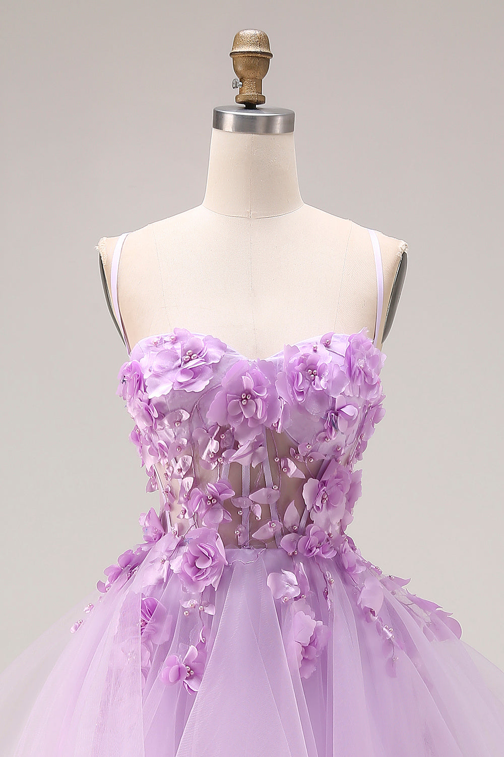 Lilac Tulle Spaghetti Straps Ruffled Long Corset Prom Dress with 3D Flowers