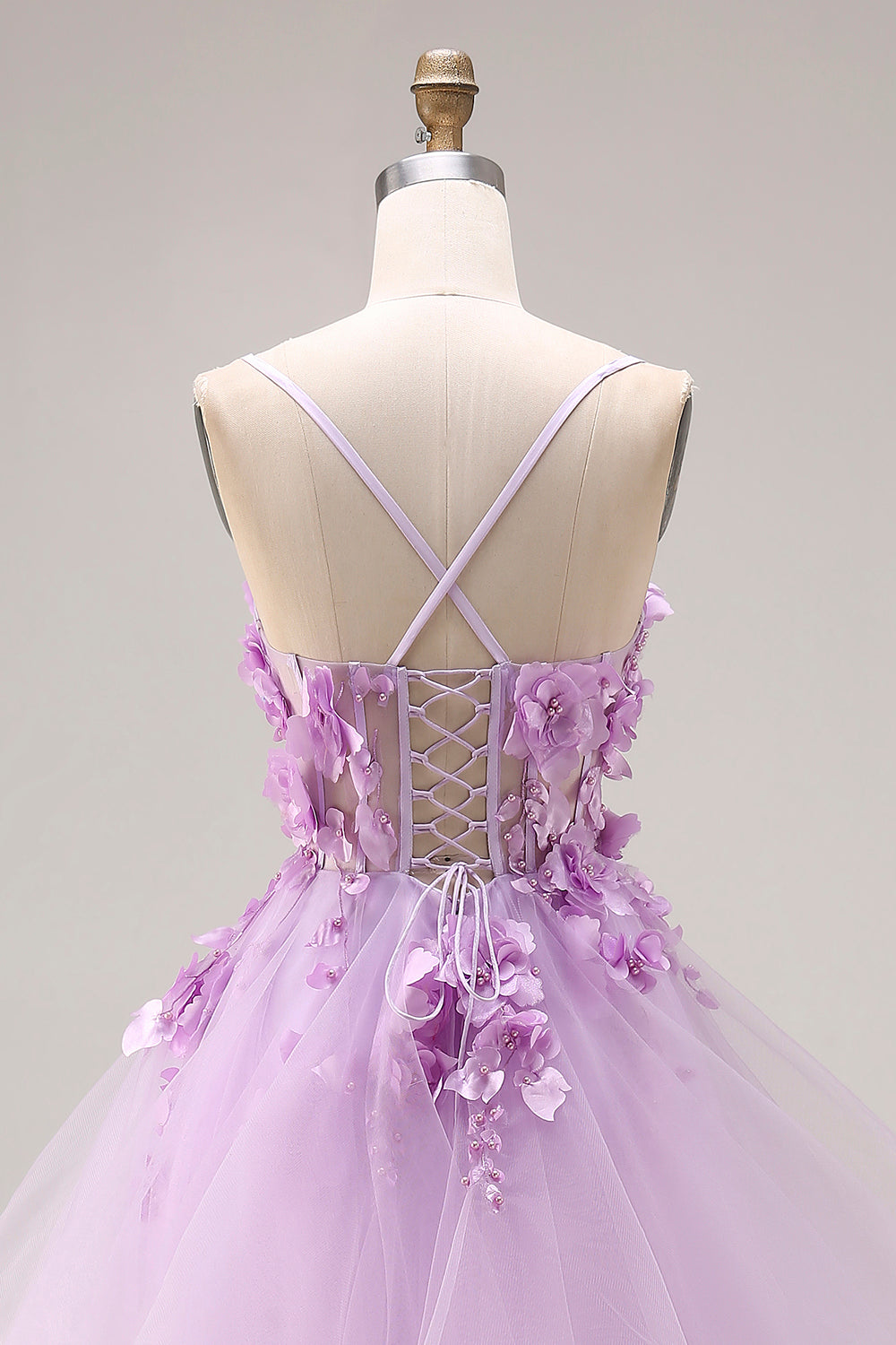 Lilac Tulle Spaghetti Straps Ruffled Long Corset Prom Dress with 3D Flowers