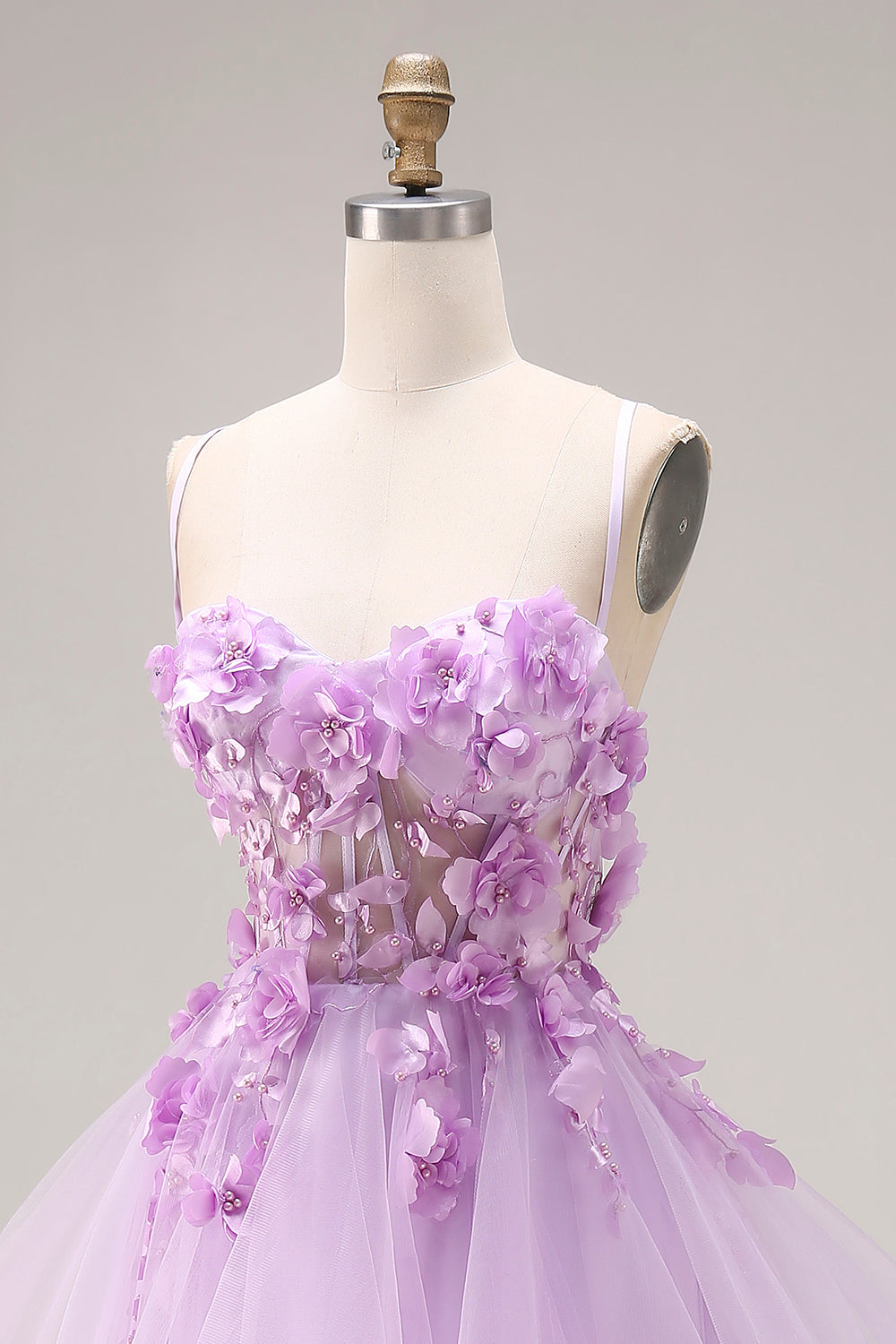Lilac Tulle Spaghetti Straps Ruffled Long Corset Prom Dress with 3D Flowers