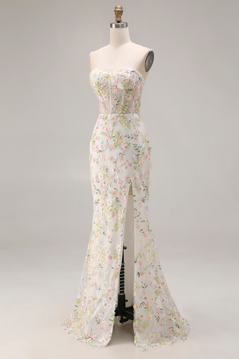Floral White Mermaid Beaded Sweetheart Long Corset Prom Dress with Slit