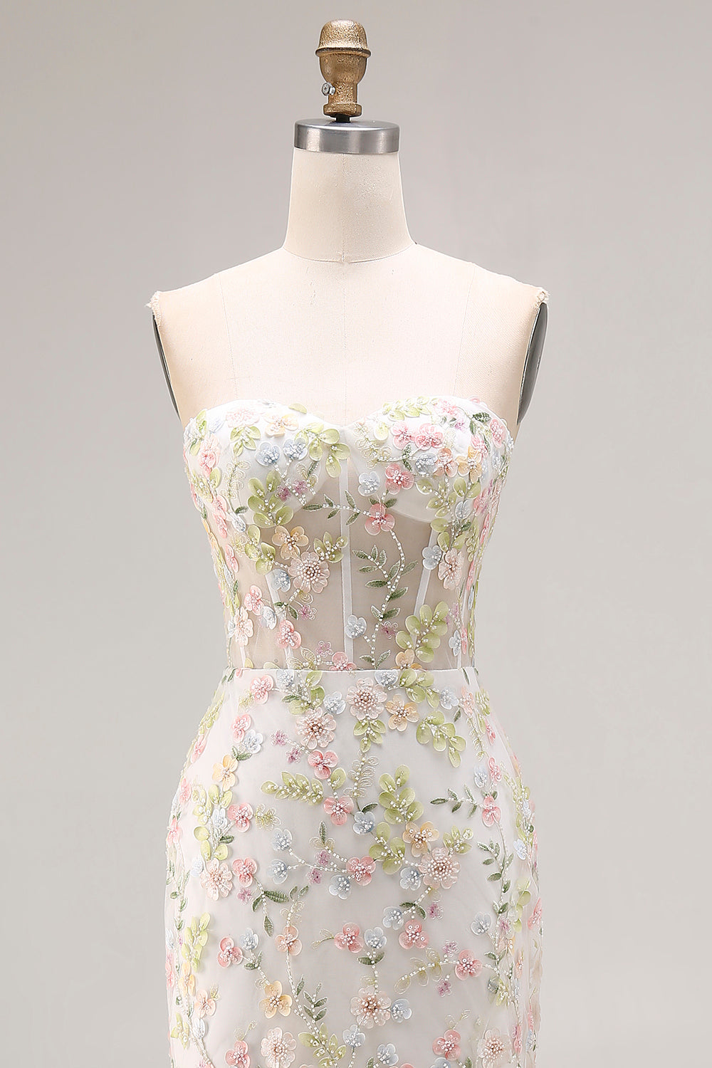 Floral White Mermaid Beaded Sweetheart Long Corset Prom Dress with Slit