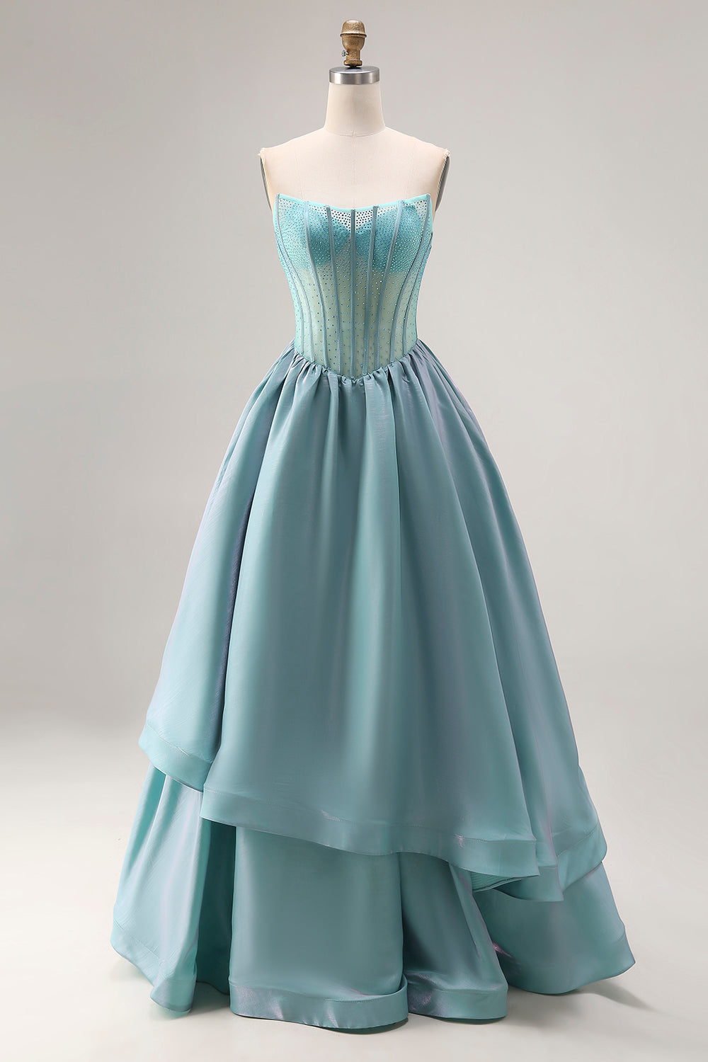 Turquoise Satin A Line Strapless Long Corset Prom Dress with Ruffles
