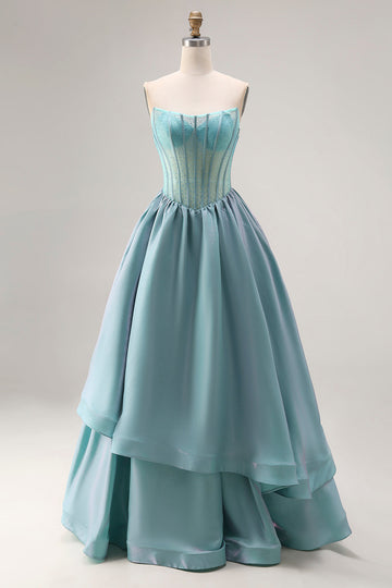 Turquoise Satin A Line Strapless Long Corset Prom Dress with Ruffles