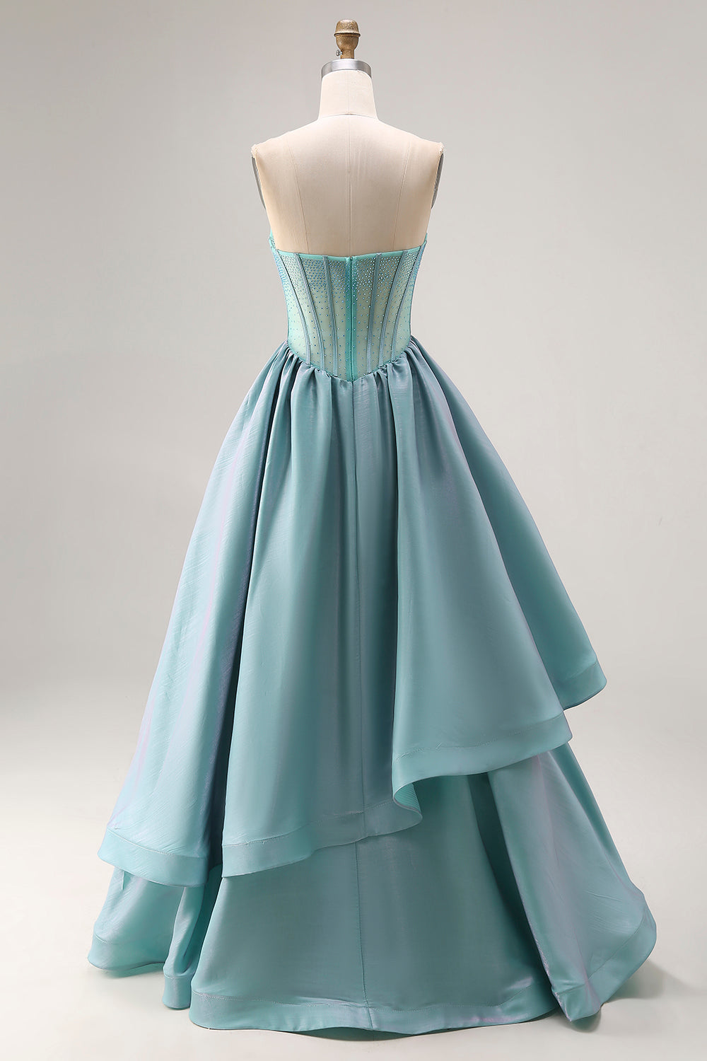 Turquoise Satin A Line Strapless Long Corset Prom Dress with Ruffles