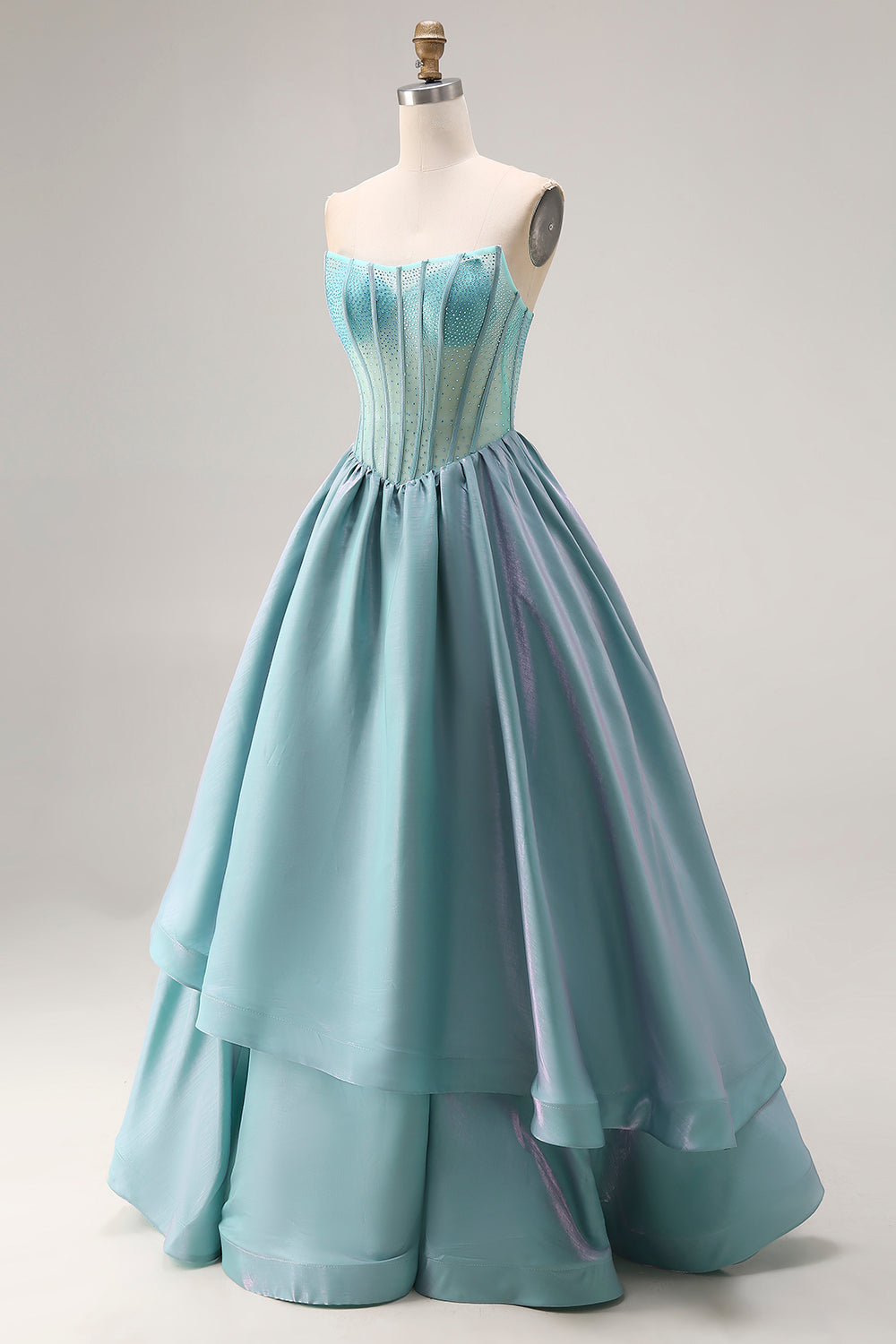 Turquoise Satin A Line Strapless Long Corset Prom Dress with Ruffles