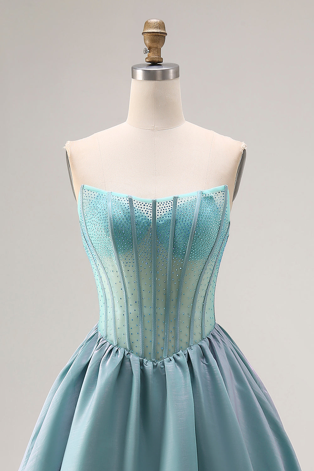 Turquoise Satin A Line Strapless Long Corset Prom Dress with Ruffles