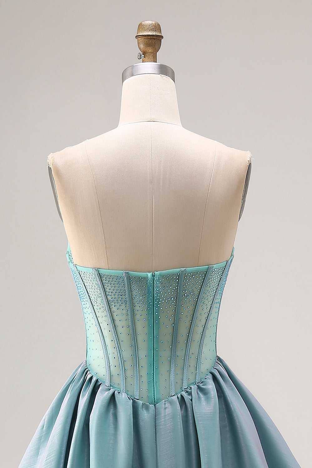 Turquoise Satin A Line Strapless Long Corset Prom Dress with Ruffles