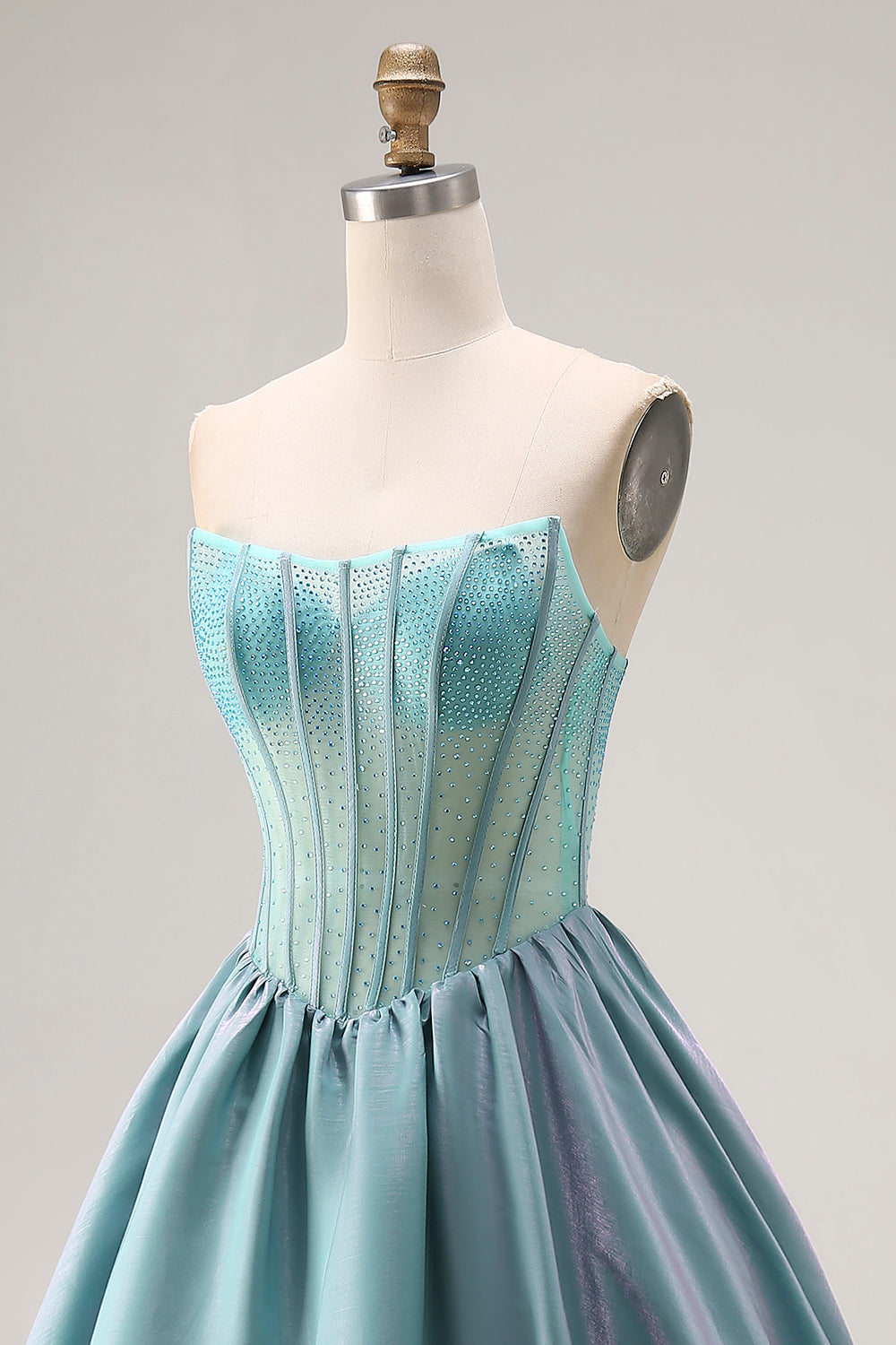 Turquoise Satin A Line Strapless Long Corset Prom Dress with Ruffles
