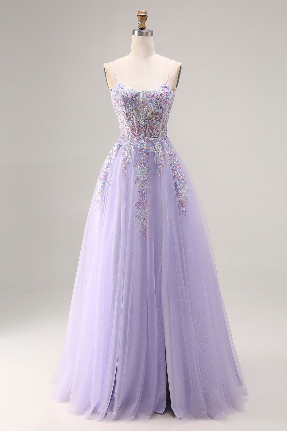 Floral Lilac Tulle A Line Appliqued Long Corset Prom Dress with Beading