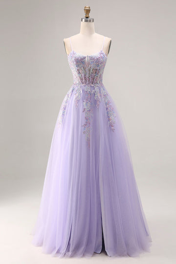 Floral Lilac Tulle A Line Appliqued Long Corset Prom Dress with Beading