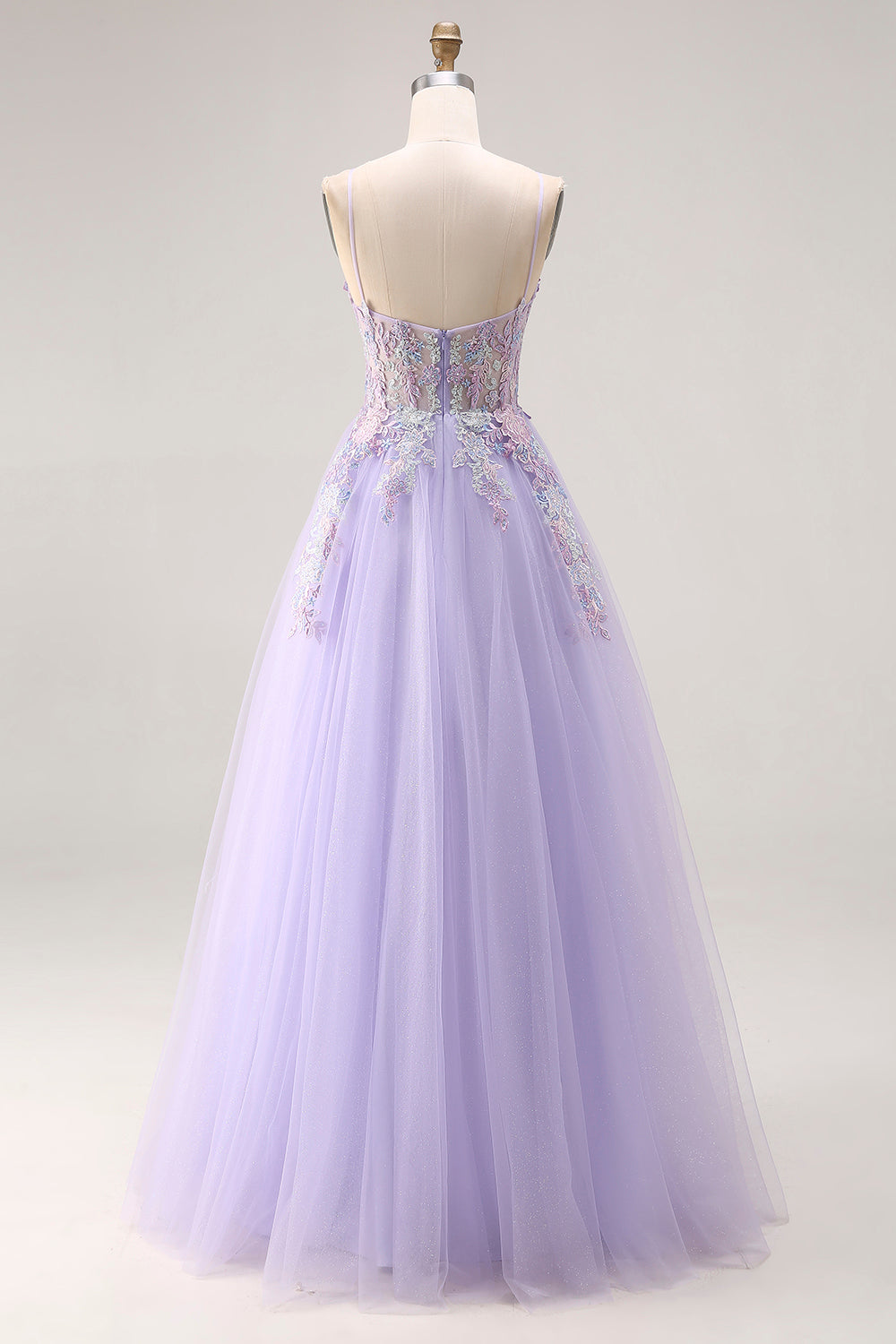 Floral Lilac Tulle A Line Appliqued Long Corset Prom Dress with Beading