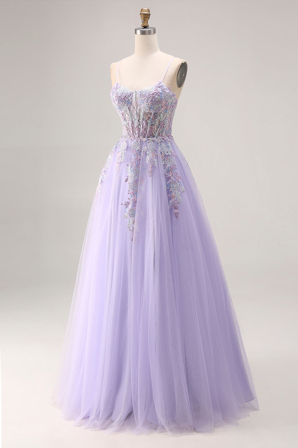Floral Lilac Tulle A Line Appliqued Long Corset Prom Dress with Beading