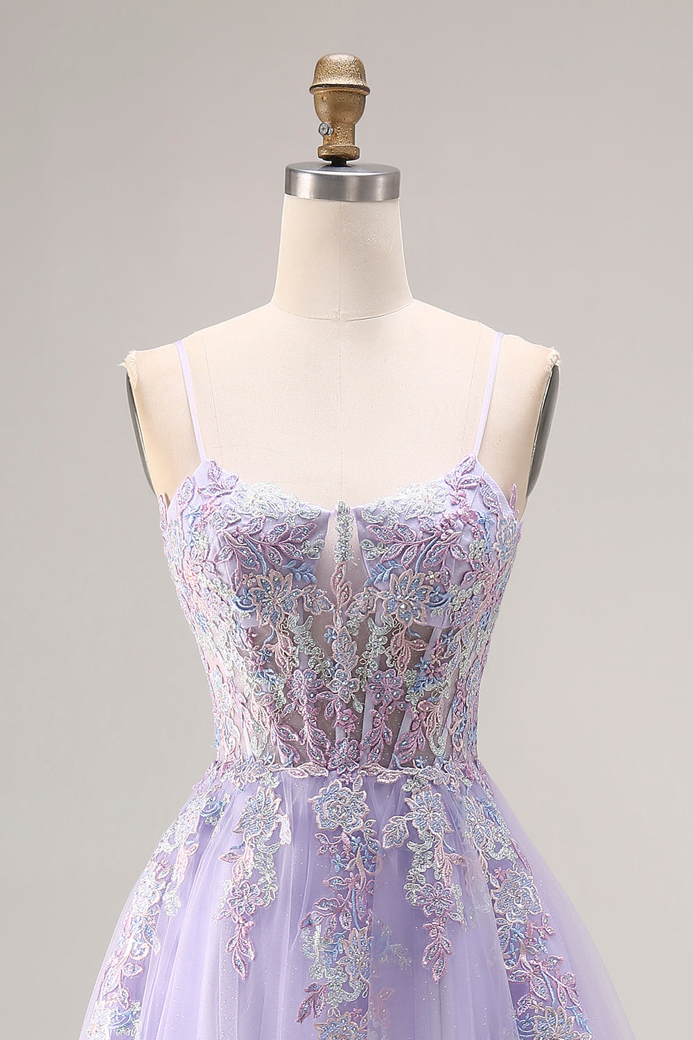 Floral Lilac Tulle A Line Appliqued Long Corset Prom Dress with Beading