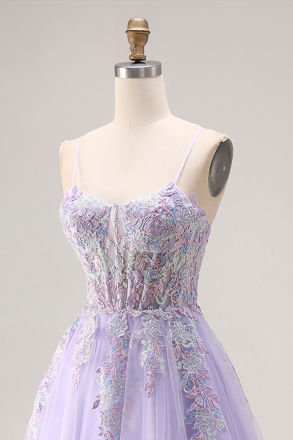 Floral Lilac Tulle A Line Appliqued Long Corset Prom Dress with Beading