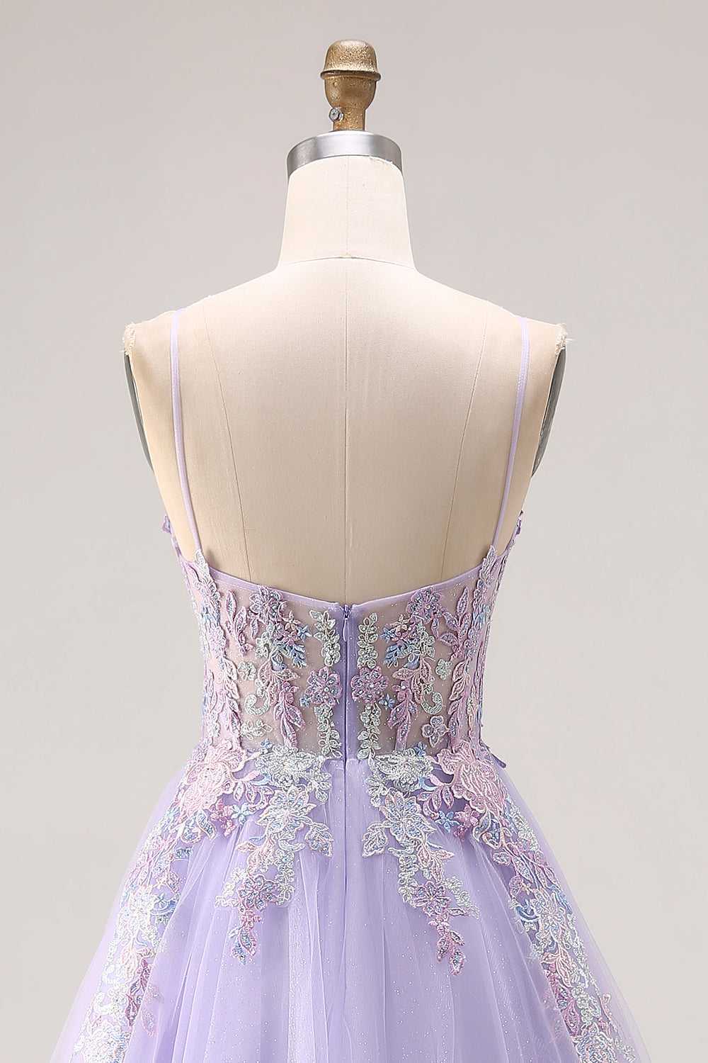 Floral Lilac Tulle A Line Appliqued Long Corset Prom Dress with Beading