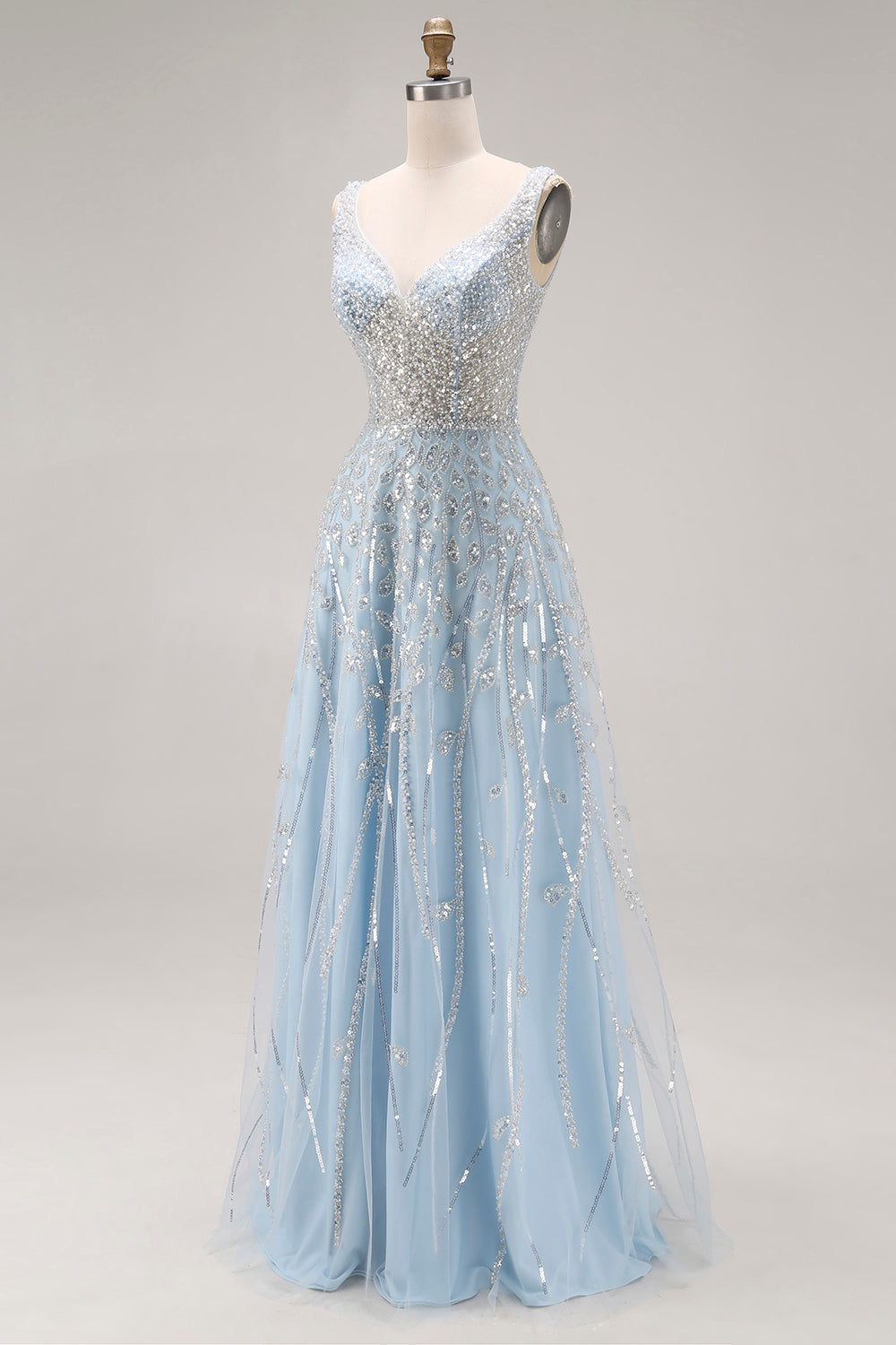 Sparkly Light Blue A Line Sequins Long Corset Prom Dress with Beading