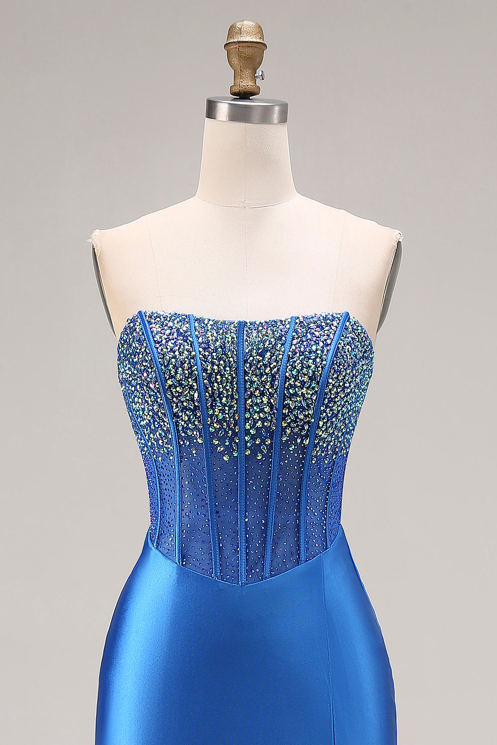 Royal Blue Mermaid Beaded Strapless Long Corset Prom Dress with Slit