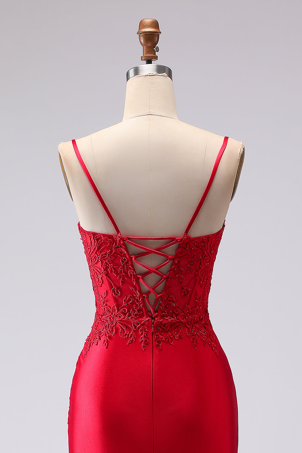 Red Mermaid Appliqued Spaghetti Straps Long Prom Dress with Slit