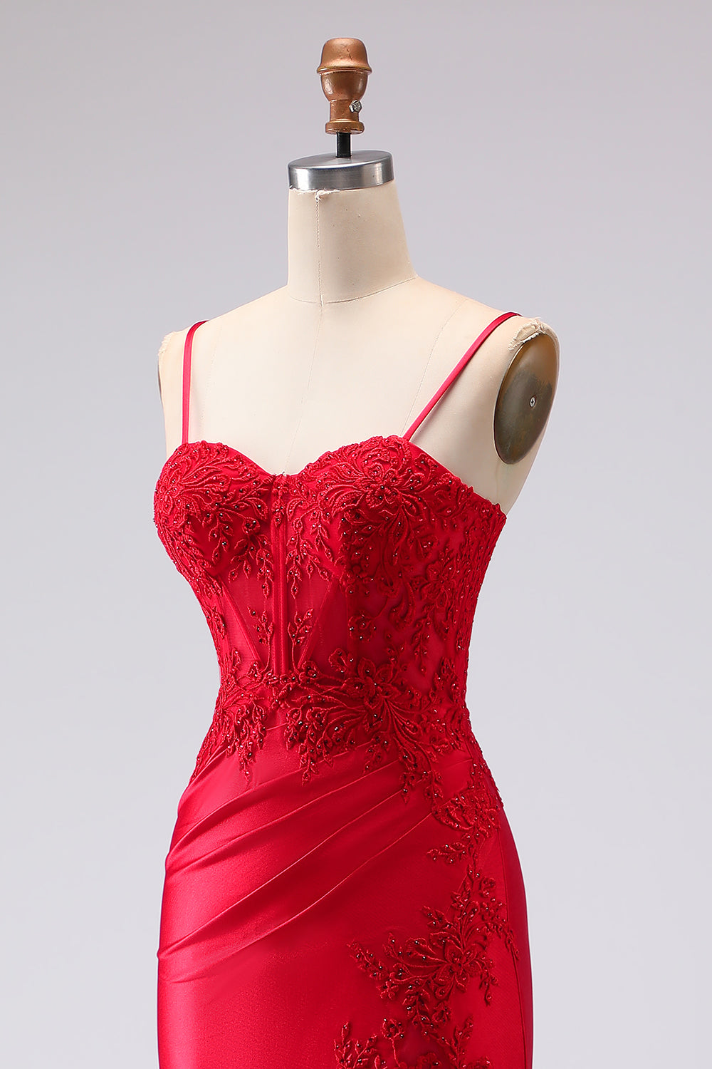 Red Mermaid Appliqued Spaghetti Straps Long Prom Dress with Slit