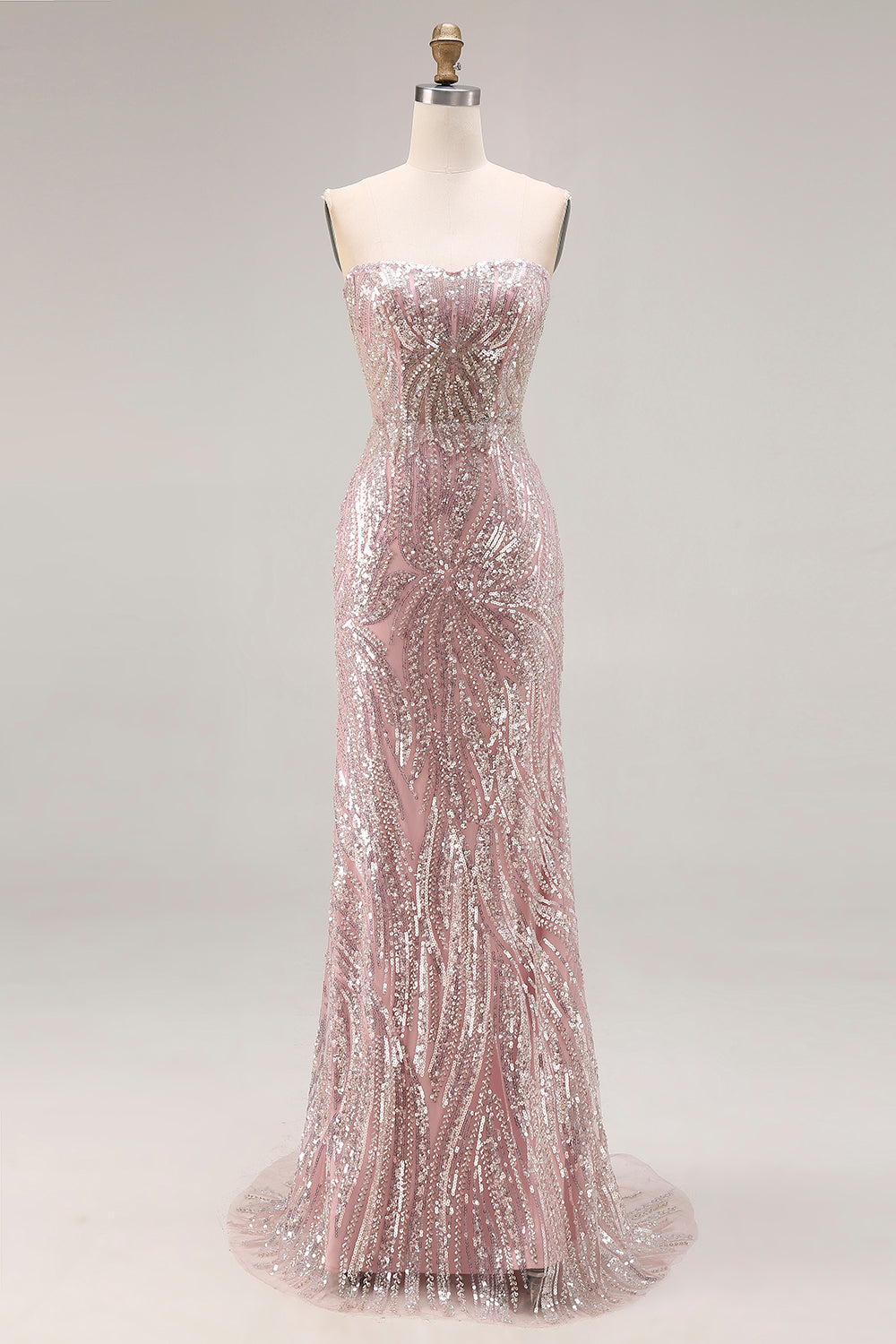 Sparkly Light Pink Mermaid Strapless Long Beaded Corset Prom Dress