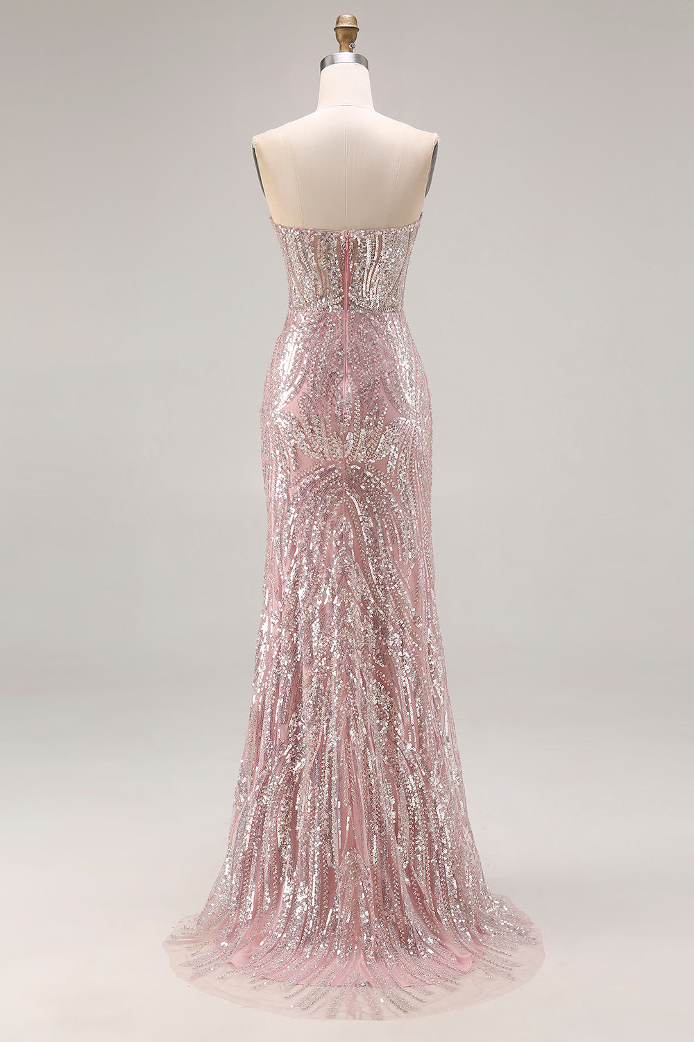 Sparkly Light Pink Mermaid Strapless Long Beaded Corset Prom Dress