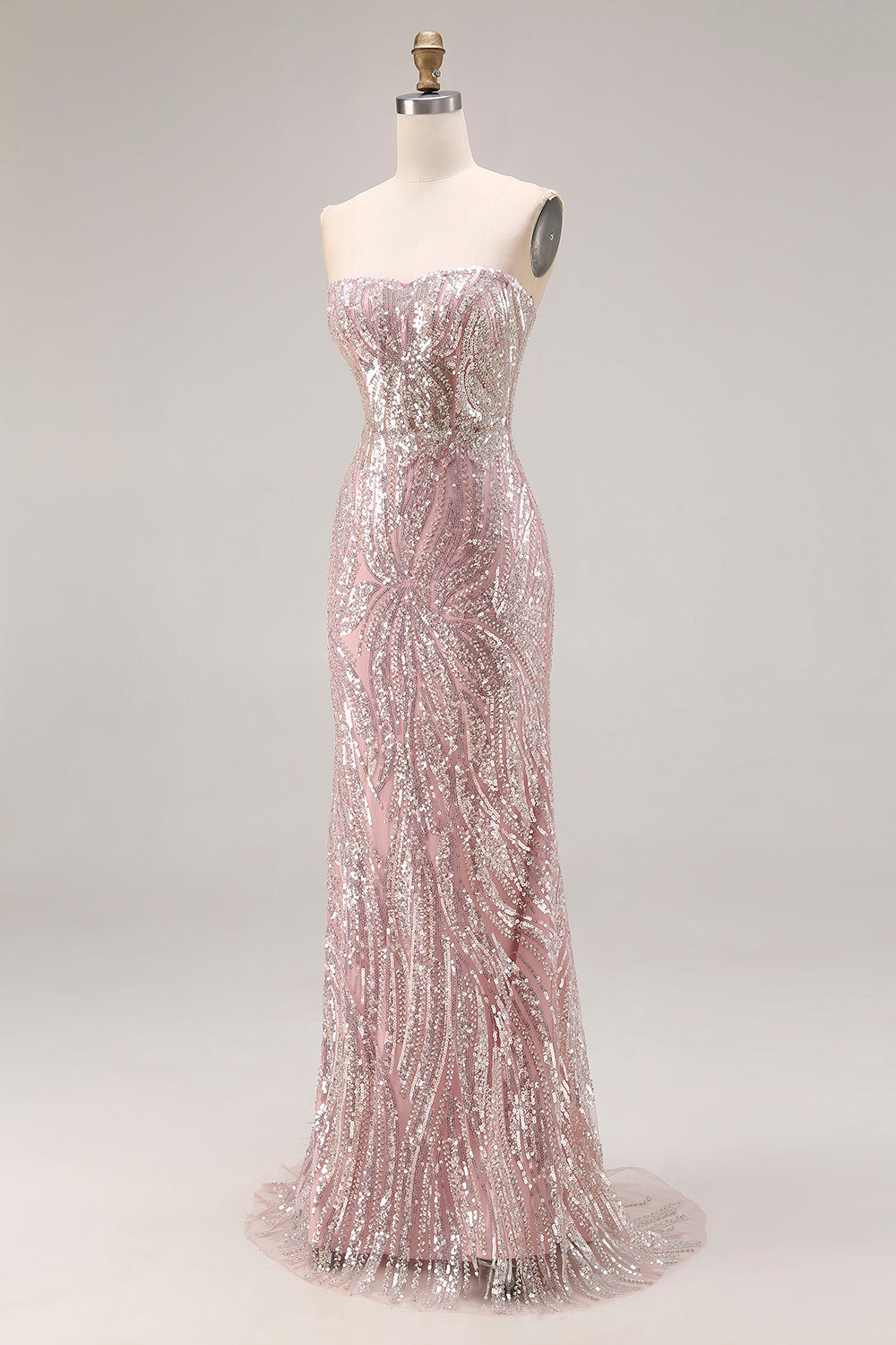 Sparkly Light Pink Mermaid Strapless Long Beaded Corset Prom Dress