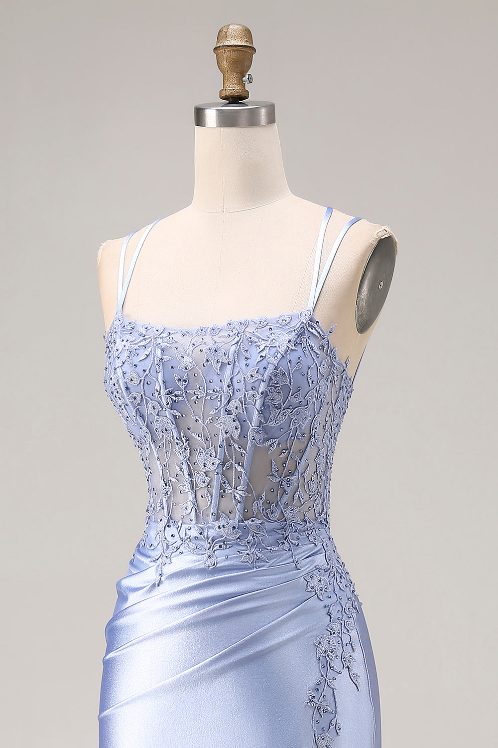Dusty Blue Mermaid Beaded Spaghetti Straps Long Prom Dress with Slit