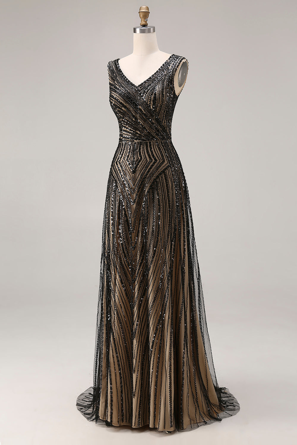 Sparkly Black A Line Beaded V-Neck Long Prom Dress