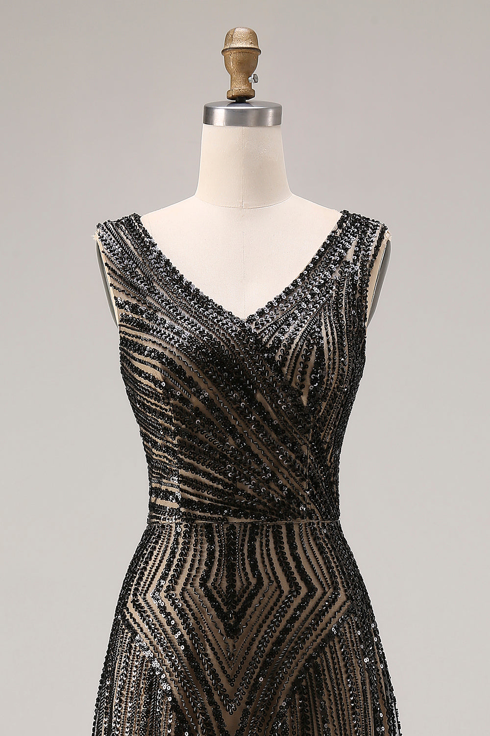 Sparkly Black A Line Beaded V-Neck Long Prom Dress