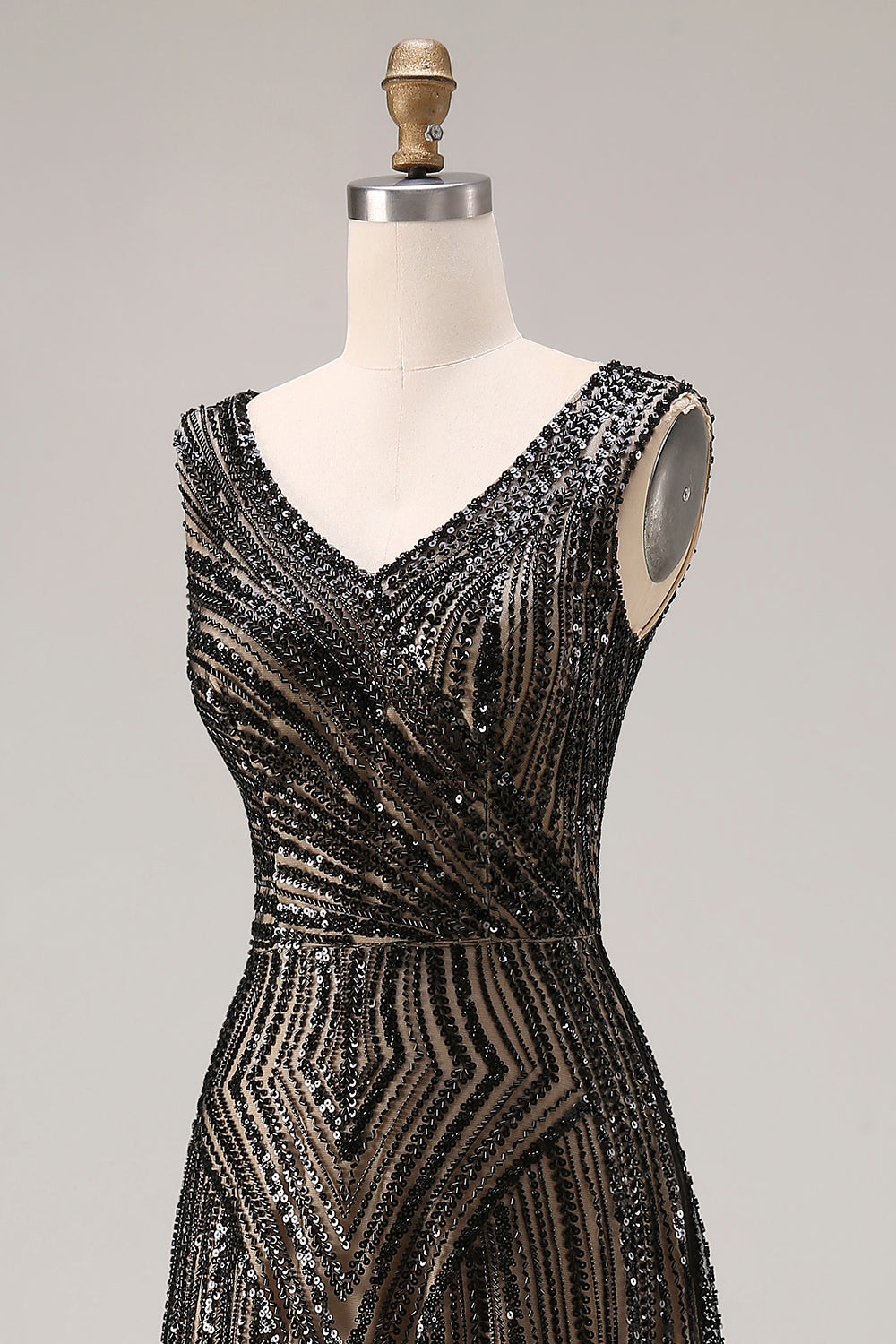 Sparkly Black A Line Beaded V-Neck Long Prom Dress