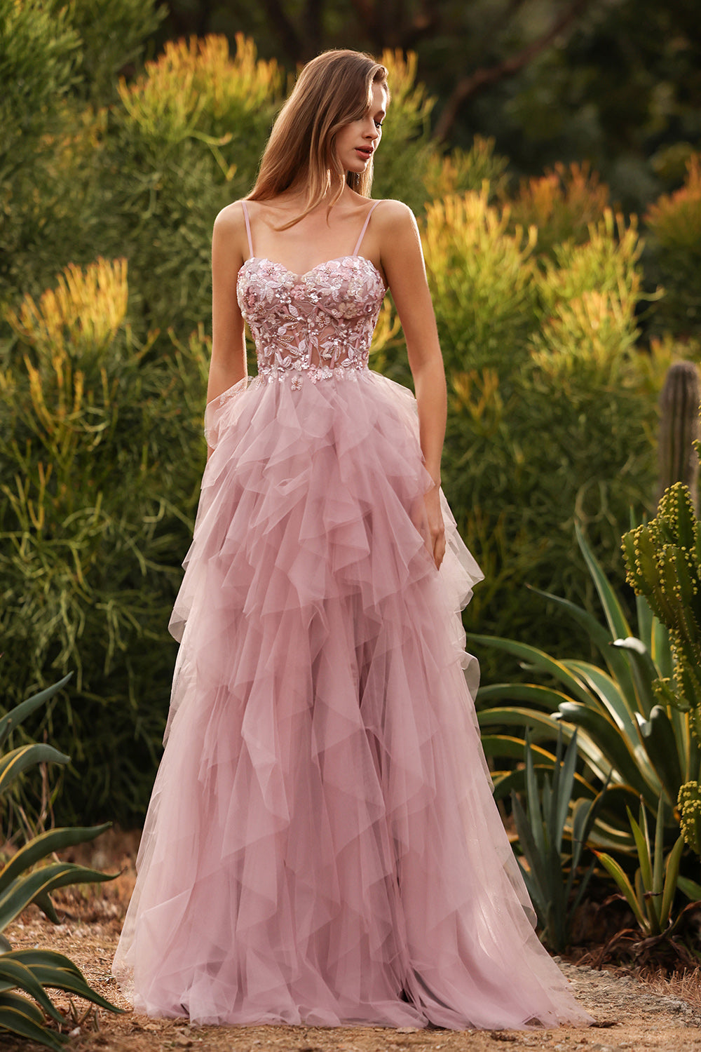 Floral Pink A Line Tulle Sweetheart Long Prom Dress with Beading