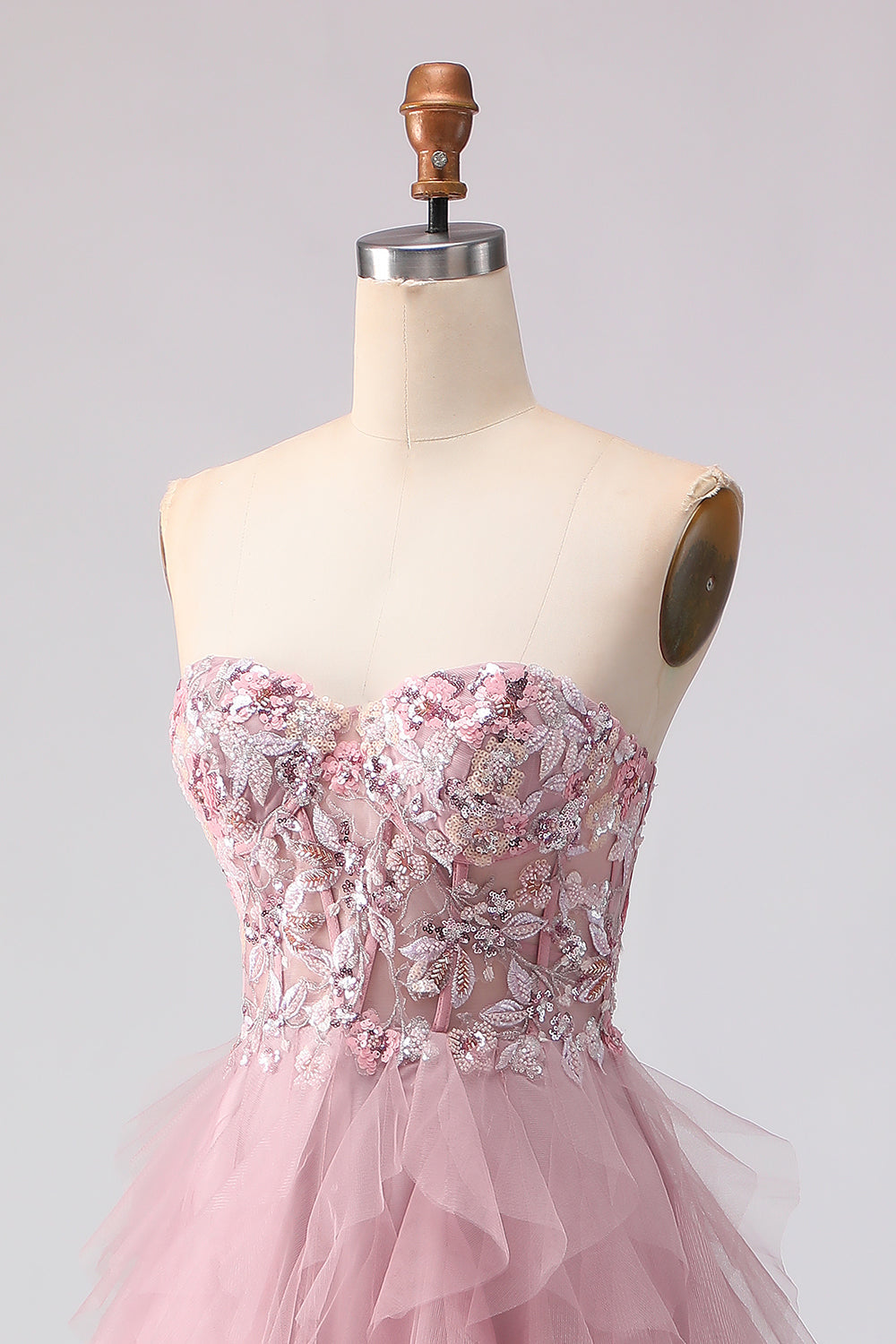 Floral Pink A Line Tulle Sweetheart Long Prom Dress with Beading