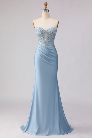 Sky Blue Mermaid Satin Beaded Strapless Long Corset Prom Dress