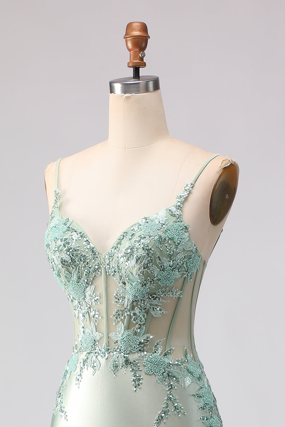 Floral Light Green Mermaid Beaded Long Corset Prom Dress with Ruffles